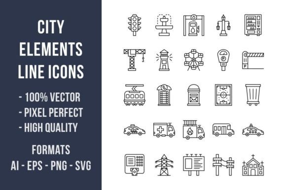 50 City Elements Line Icons