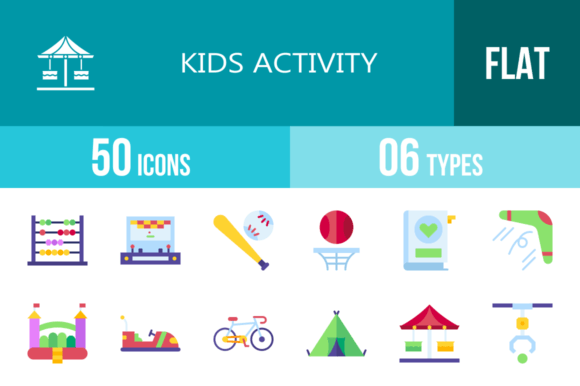 50 Kids Activity Flat Multicolor Icons: Graphics for Playful, Polished Web Content