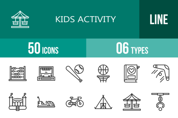 50 Kids Activity Line Icons: Graphics & Icons for Playful Editorial Design