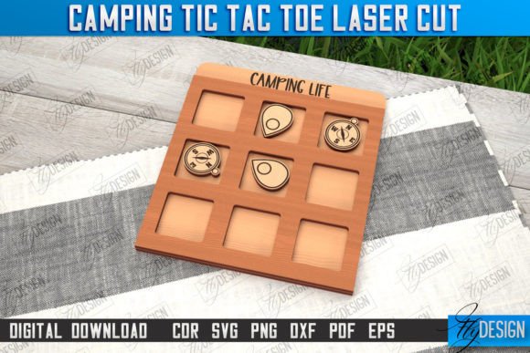 Camping Tic Tac Toe Wooden Game Design for Laser Cutting Board Games